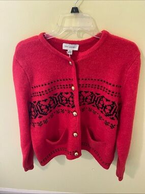 Free Assembly Red Knit Cardigan with Black Fair Isle Detail